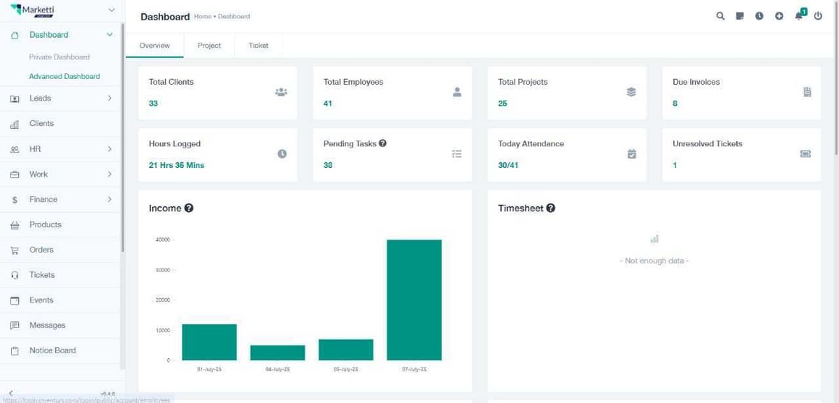 Dashboard screenshot showing core modules